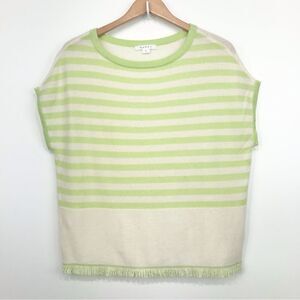 Duffy 100% Cashmere Lime Green White Striped Sleeveless Fringed Tunic Sweater